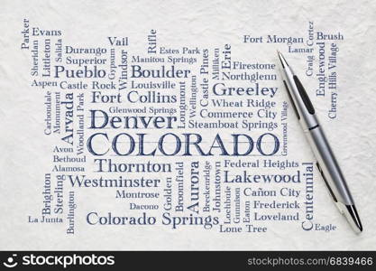 major cities of Colorado (with population more than 5000) word cloud - handwriting on a white lokta paper