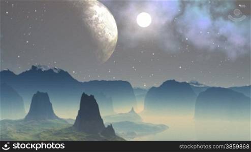 Major planet and the moon in the night star sky. The color nebula slowly floats. The bright moon quickly flies and disappears behind the horizon. The landscape is painted in red color. Old not high mountains stand among water. Over water the white fog ris