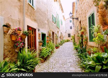 Majorca Valldemossa typical village with flower pots in facades at Spain