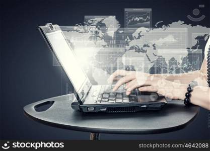 Make your business team. Hands of man working on laptop presenting global connection concept