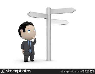 Make your choice! Social 3D characters: businessman looking at crossroads blank plates sign. New constantly growing collection of expressive unique multiuse people images. Concept for making decision illustration. Isolated. . Make your choice! Social 3D characters: businessman looking at crossroads blank plates sign. New constantly growing collection of expressive unique multiuse people images. Concept for making decision illustration. Isolated.