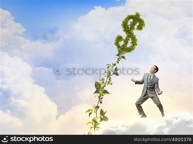 Make your income grow. Young cheerful businessman watering green dollar sprout with can