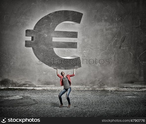 Make your income grow. Young girl in red jacket lifting euro sign above head