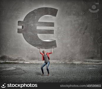 Make your income grow. Young girl in red jacket lifting euro sign above head