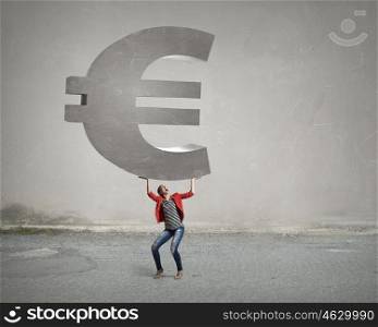 Make your income grow. Young pretty woman in red jacket pushing big euro symbol
