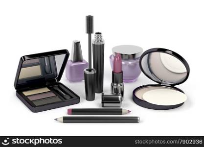 Makeup and cosmetic set with: eye shadow, face powder, lipstick, mascara, nail polish, cream, eye and lip liners