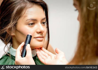 Makeup artist applying cream blush stick foundation on cheek of young caucasian woman. Makeup artist applying cream blush stick