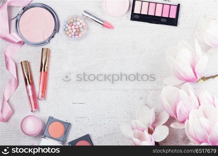 makeup beauty products. Professional makeup beauty products, flat lay frame on white background