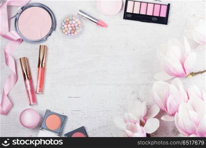 makeup beauty products. Professional makeup beauty products, flat lay frame on white background