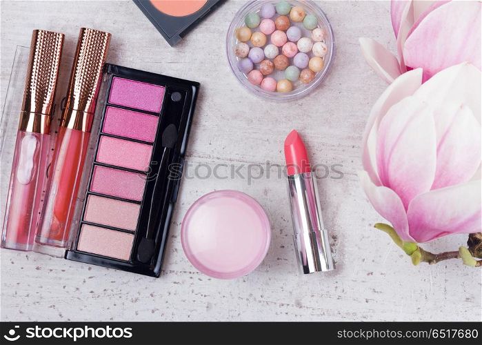 makeup beauty products. Professional makeup beauty products, flat lay on white background