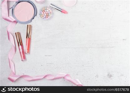 makeup beauty products. Professional makeup beauty products, flat lay scene on white background