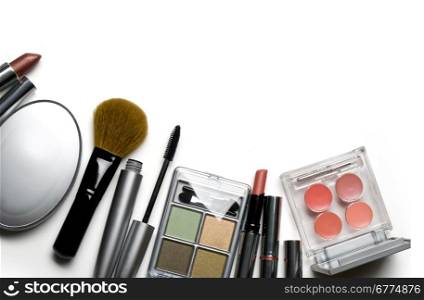 makeup brush and cosmetics, on a white background isolated, with clipping path