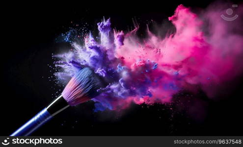 Makeup Brush Igniting a Pink and Purple Powder Burst. Generative ai. High quality illustration. Makeup Brush Igniting a Pink and Purple Powder Burst. Generative ai