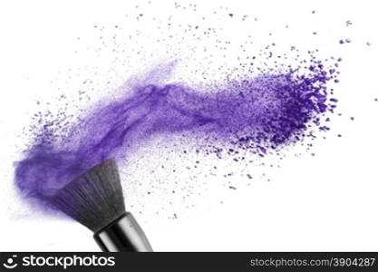 makeup brush with blue powder isolated on white