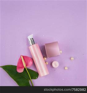 Makeup cosmetic products on vivid color background, flat lay top view.. Makeup cosmetic products