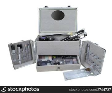 Makeup train case with cosmetic brushes and makeup used during beauty regiments - path included
