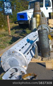 MAKEYEVKA, DONBASS, OCT 9: Open air museum Echo of War in Makeyevka on 9 October 2014. Shells, ammunition and missiles fired by Ukrainian Army against civilians in Donbass on public display.