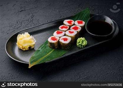 Maki Sushi with red caviar on black plate