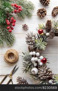  Making christmas wreath, Prepare for Christmas, creative craft wreath. White old wooden background