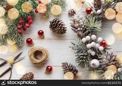  Making christmas wreath, Prepare for Christmas, creative craft wreath. White old wooden background
