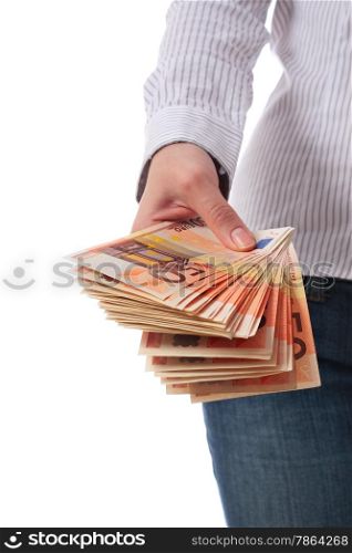 Making money concept. Businesswoman with money isolated over white.