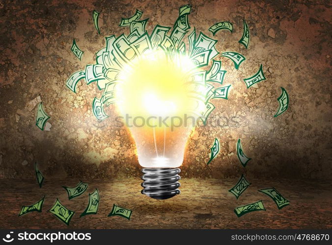 Making money. Conceptual image of light bulb and dollar banknotes