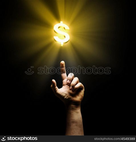 Making money. Human hand pointing at dollar symbol. Banking concept