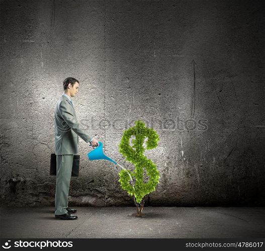 Making money. Image of businessman watering money tree inshape of dollar symbol