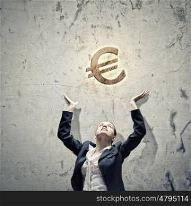 Making money. Image of businesswoman with euro symbol. Currency concept