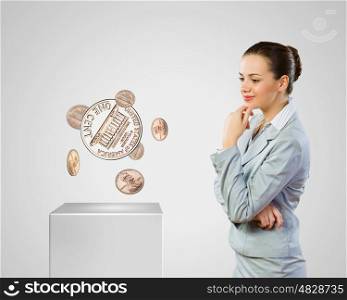 Making money. Image of thoughtful businesswoman with cent coin. Currency concept
