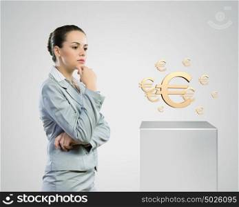 Making money. Image of thoughtful businesswoman with euro symbol. Currency concept