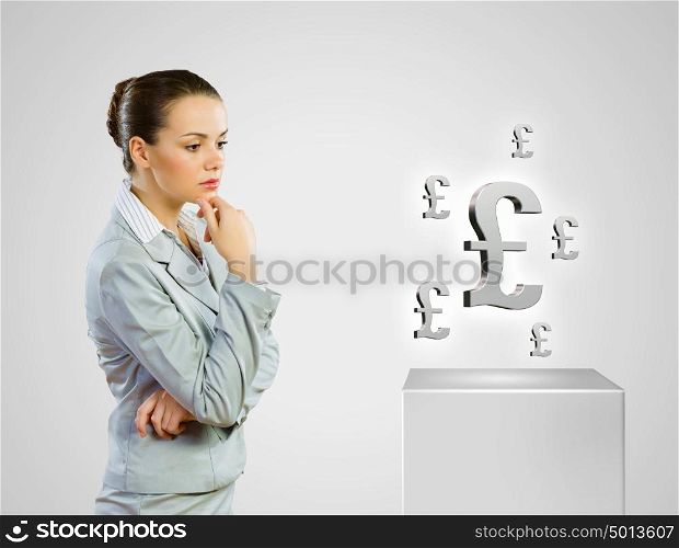 Making money. Image of thoughtful businesswoman with pound symbol. Currency concept