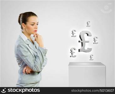 Making money. Image of thoughtful businesswoman with pound symbol. Currency concept