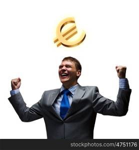 Making money. Successful businessman screaming in sky. Money concept