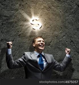Making money. Successful businessman screaming in sky. Money concept