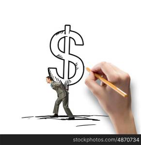 Making money. Young businessman carrying big drawn dollar symbol