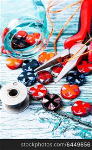 Making necklaces of glass beads.. Beads, colorful beads and tools for needlework.Czech glass beads