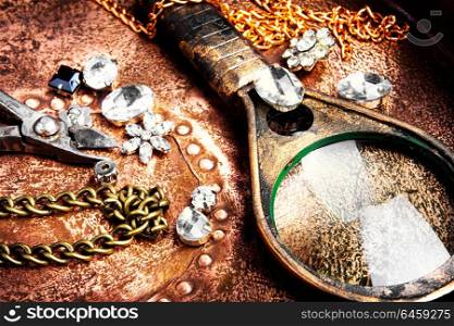 Making of handmade jewellery. precious stones for jewelry and tools for making jewelry