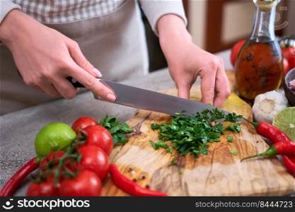 making salsa dip sauce - woman cutting and chopping cilantro or parsley on wooden cutting board.. making salsa dip sauce - woman cutting and chopping cilantro or parsley on wooden cutting board