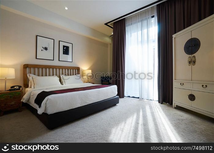 MALACCA, MALAYSIA - OCT 27: Guess room interior of 1825 Gallery Hotel on OCT 27, 2018 in Malacca, Malaysia. 1825 Gallery Hotel is a vintage and luxury serviced hotel near the Jonker Street .