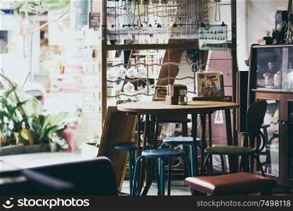 MALACCA, MALAYSIA - OCT 28: Table and chairs of vintage cafe on OCT 28, 2018 in Malacca, Malaysia. Malacca City is the capital city of the Malaysian state of Malacca. It was listed as a UNESCO World Heritage Site on 7 July 2008 .