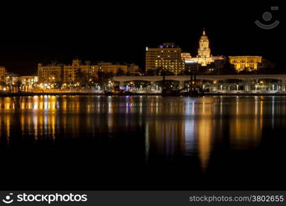 Malaga Harbour city reflection on the water