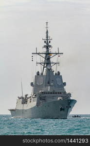 MALAGA, SPAIN-MAY 28: Frigate F-101 Alvaro de Bazan taking part in an exhibition on the day of the spanish army forces on May 28, 2011, in Malaga, Spain. Frigate F-101 Alvaro de Bazan