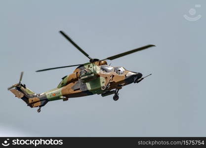 MALAGA, SPAIN-MAY 28: Helicopter Eurocopter EC-665 Tiger of the FAMET taking part in an exhibition on the day of the spanish army forces on May 28, 2011, in Malaga, Spain. Eurocopter EC-665 Tiger