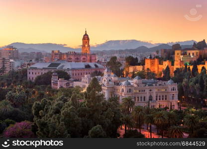 MALAGA, SPAIN - NOVEMBER 28, 2016: Aerial View of Malaga in the Evening, Spain. With a population of 569,130 in 2015, Malaga is the second-most populous city of Andalusia.