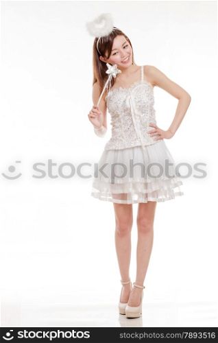 Malay woman in white angel fairy costume