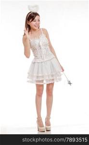 Malay woman in white angel fairy godmother costume