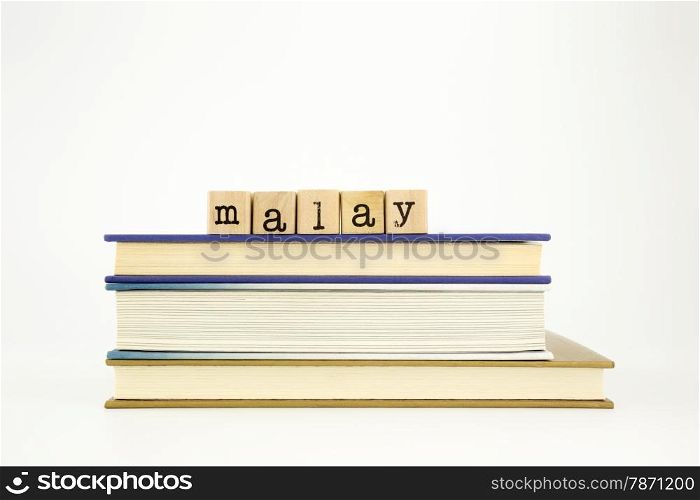malay word on wood stamps stack on books, academic and language concept