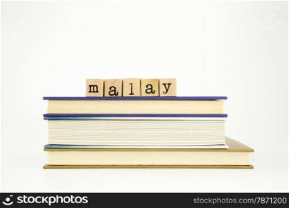 malay word on wood stamps stack on books, academic and language concept