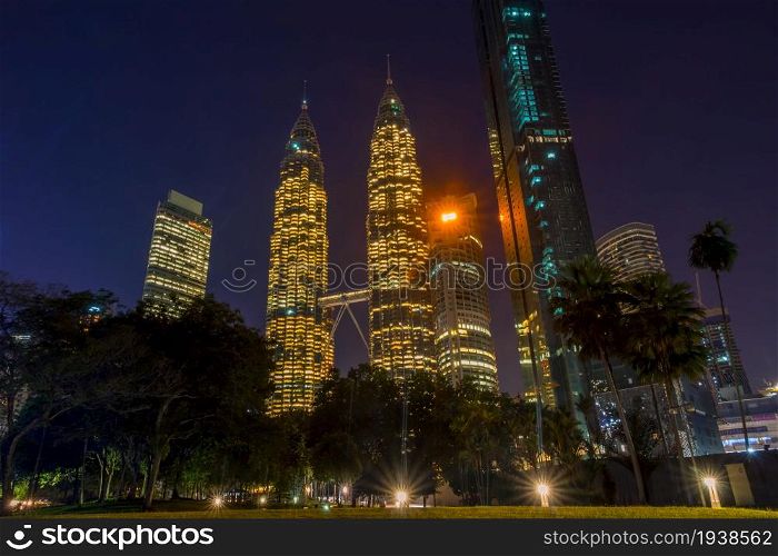 Malaysia. Skyscrapers of Kuala Lumpur. Night Park and Twin Towers Petronas. Twin Towers Petronas in the Night Kuala Lumpur